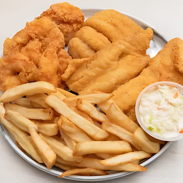 A platter of golden-brown fried chicken, french fries, and a side of coleslaw from Harold's Chicken KSU.